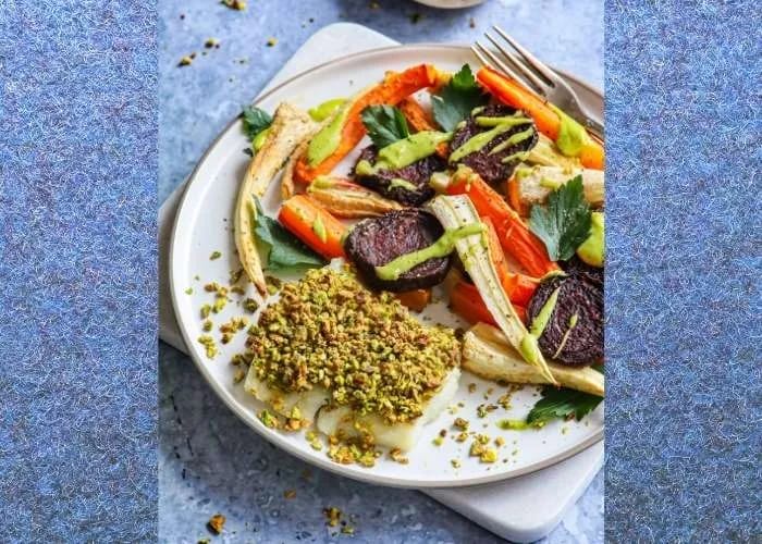 Kabeljauw met pistachekorst en geroosterde groenten