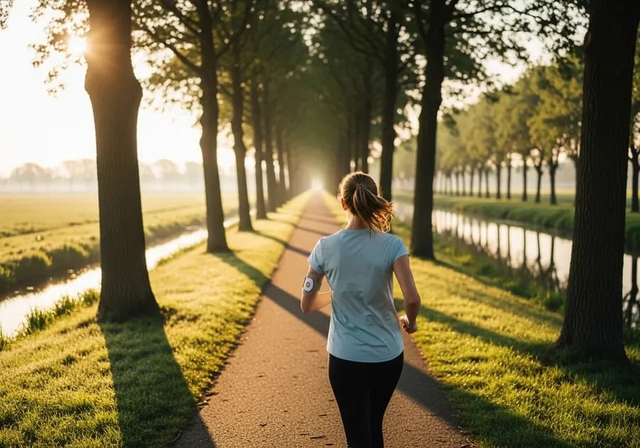 Jonge vrouw jogt langs een Nederlands kanaalpad in het ochtendlicht — actief leven met diabetes type 1