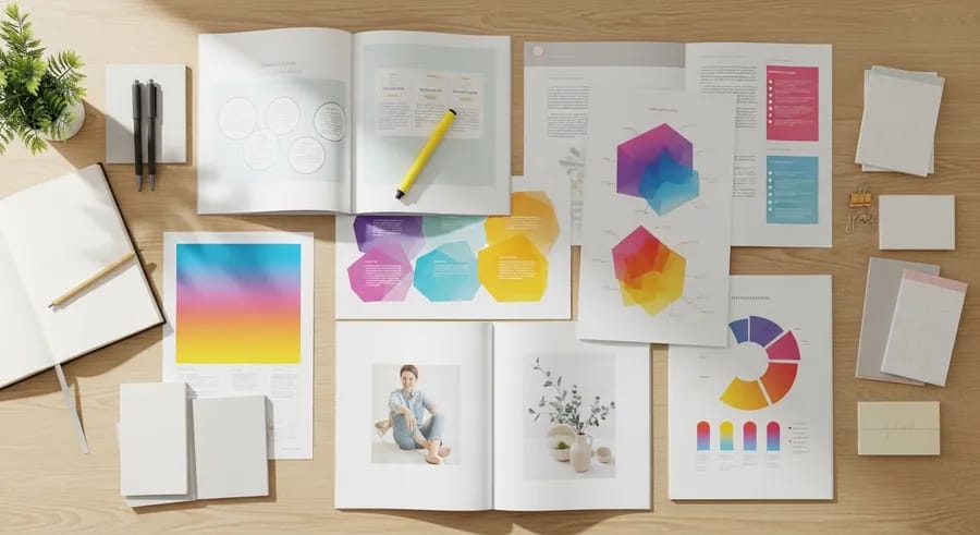 Wellness gidsen en kleurrijke schema's op houten tafel