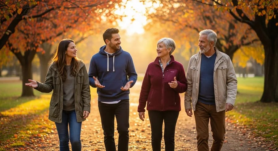 Groepje mensen wandelt samen in het park