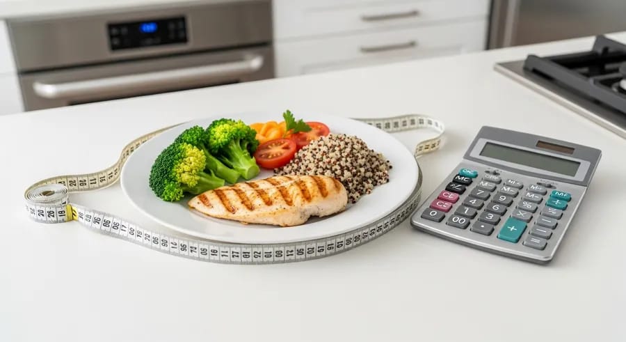 Uitgebalanceerde maaltijd met meetlint en rekenmachine