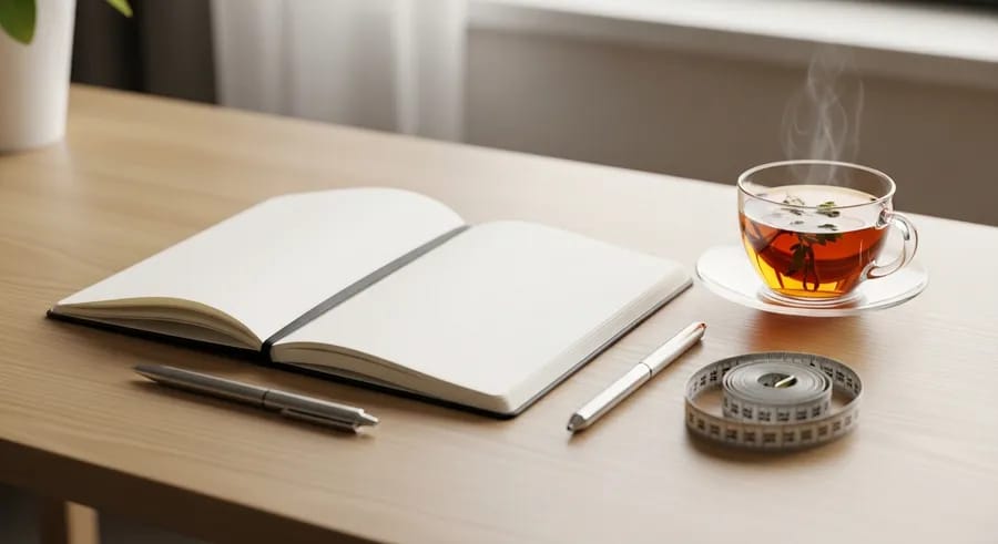 Bureau met wellness dagboek en kopje thee