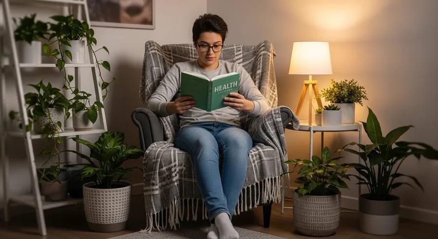 Persoon leest gezondheidsboek in knusse leeshoek