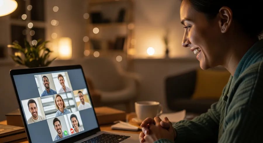 Persoon glimlacht naar laptop tijdens videogesprek