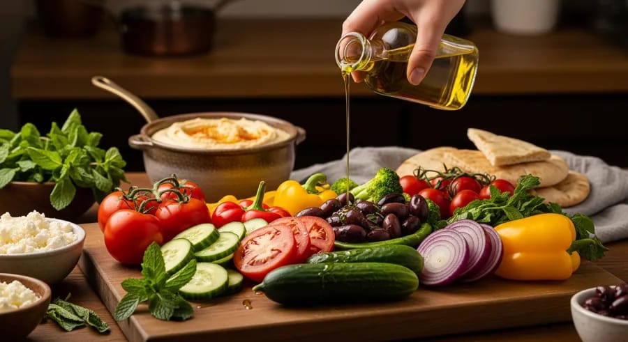 Kleurrijke mediterrane maaltijd in bereiding