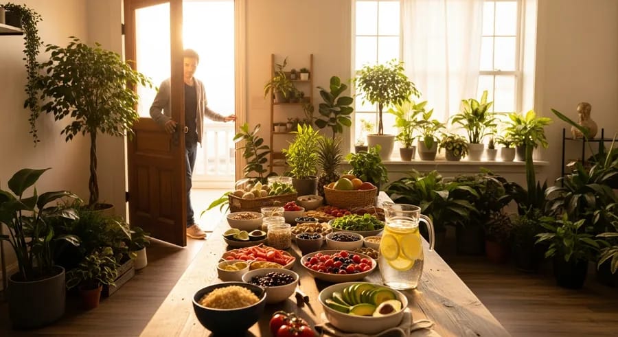 Persoon opent deur naar een lichte kamer met planten en gezond eten