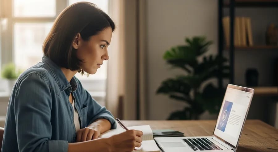 Persoon kijkt aandachtig naar online presentatie op laptop