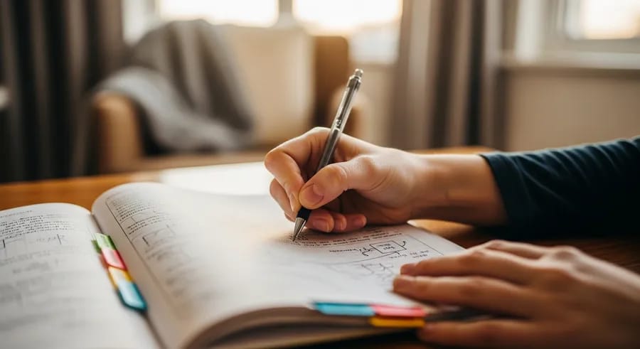 Handen schrijven in werkboek met kleurrijke tabbladen